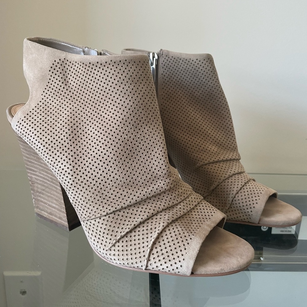 Vince Camuto tan open toe and heel wedge booties